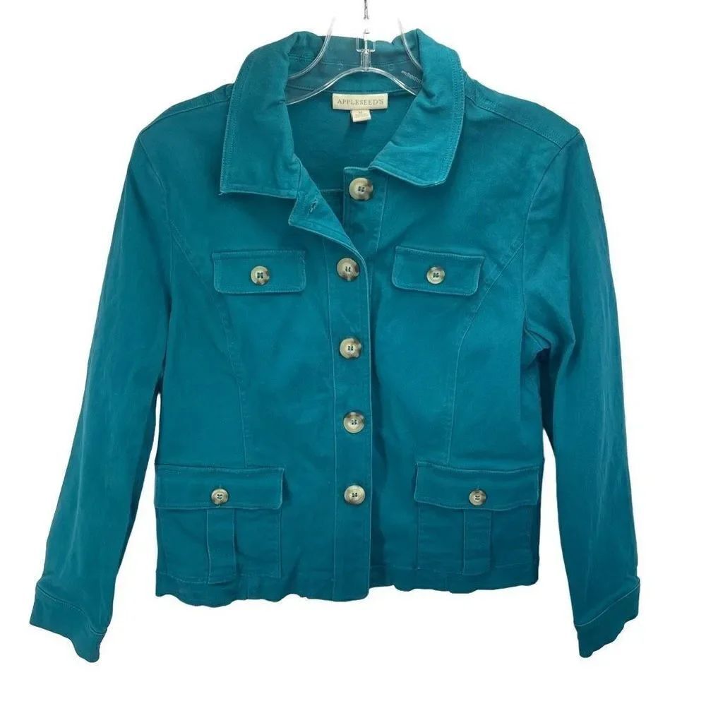 Appleseed's Women's Button Down Jacket Blazer Collared Pockets Teal Green Medium